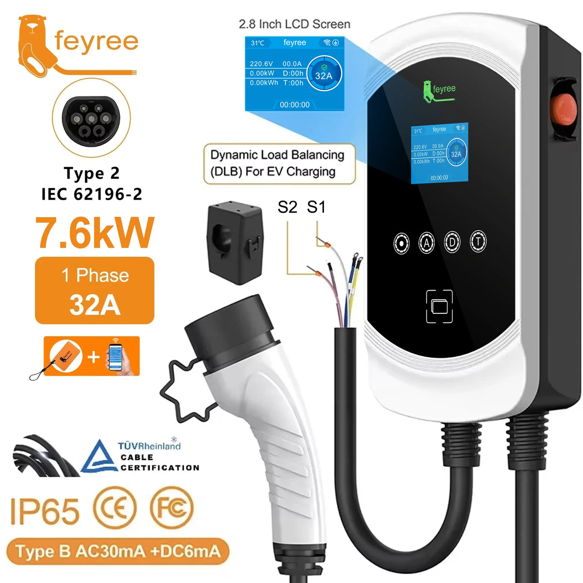 Feyree EV Charger Type2 Cable 32A 7.6kW Dynamic Load Balancing EVSE Wallbox APP Function 11kW 22kW Charging Station Electric Car