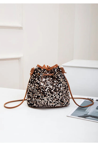 New Chic Multicolor Sequin Shing Shoulder Bag Fashion Versatile Handbag Drawstring Bucket Bag Large Capacity Wallet Purse Bags