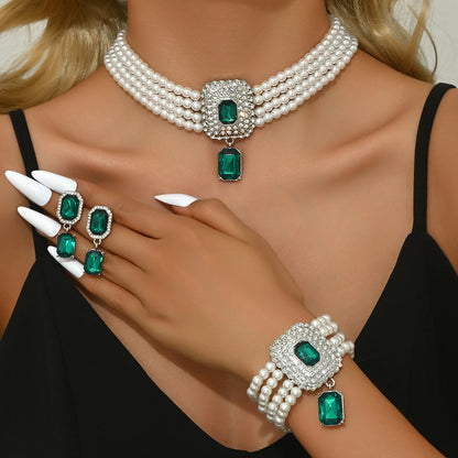 Women's Fashion Light Luxury Short Style Imitation Pearl Rhinestone Necklace Earrings Bracelet Jewelry Set Party Festival Gift