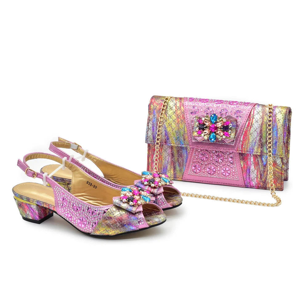 Matching Nigerian Party Shoes and Bags for Ladies Elegant Heeled Shoes for Women Rhinestone Design Italian Shoe and Bag Set