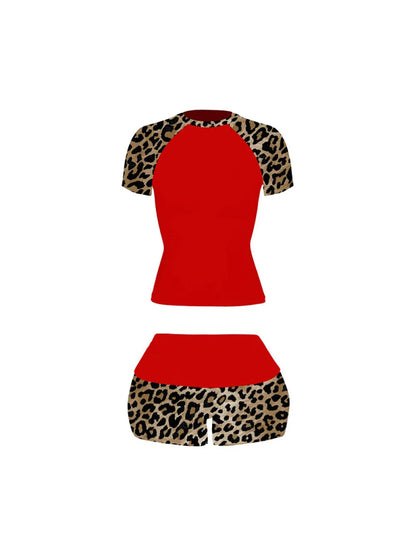 2026 summer new American retro leopard print patchwork short sleeved shorts set Y2K punk street fashion trend casual spicy girl