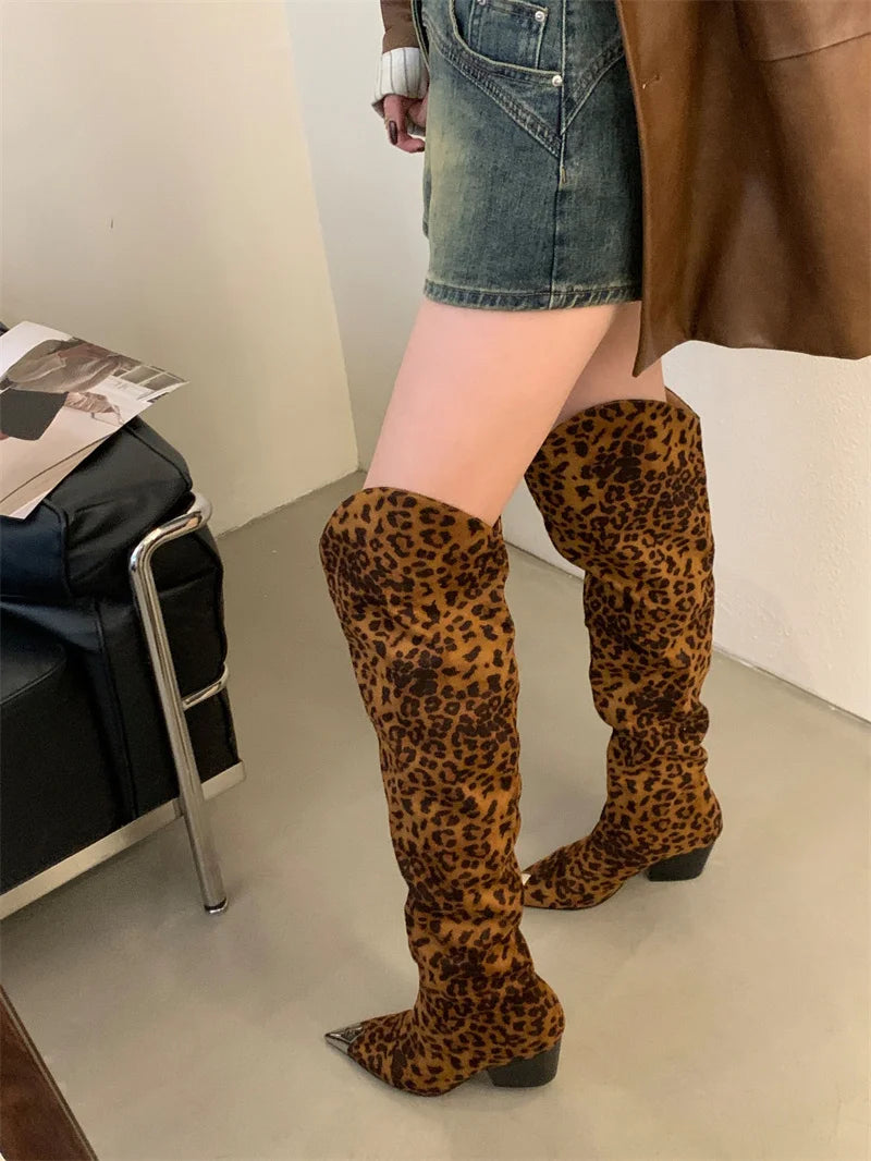 ZAROY Punk Metal Pointed Toe Knee High Boots Women Winter Retro Leopard Print Square Low Heels Pleated Western Cowboy Long Botas