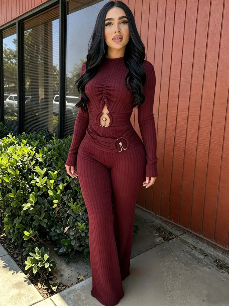 Solid Women Jumpsuits For Spring Autumn Long Sleeve O-Neck Loose Fashion Streetwear Hollowed Out Overalls Pants Trousers 2026