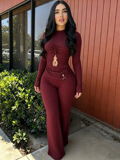 Solid Women Jumpsuits For Spring Autumn Long Sleeve O-Neck Loose Fashion Streetwear Hollowed Out Overalls Pants Trousers 2026