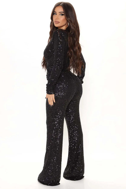 Women Jumpsuits V Neck Rompers Overalls One Piece Formal High Waist Pullover Sexy Sequins Solid Full Length Spring 2024