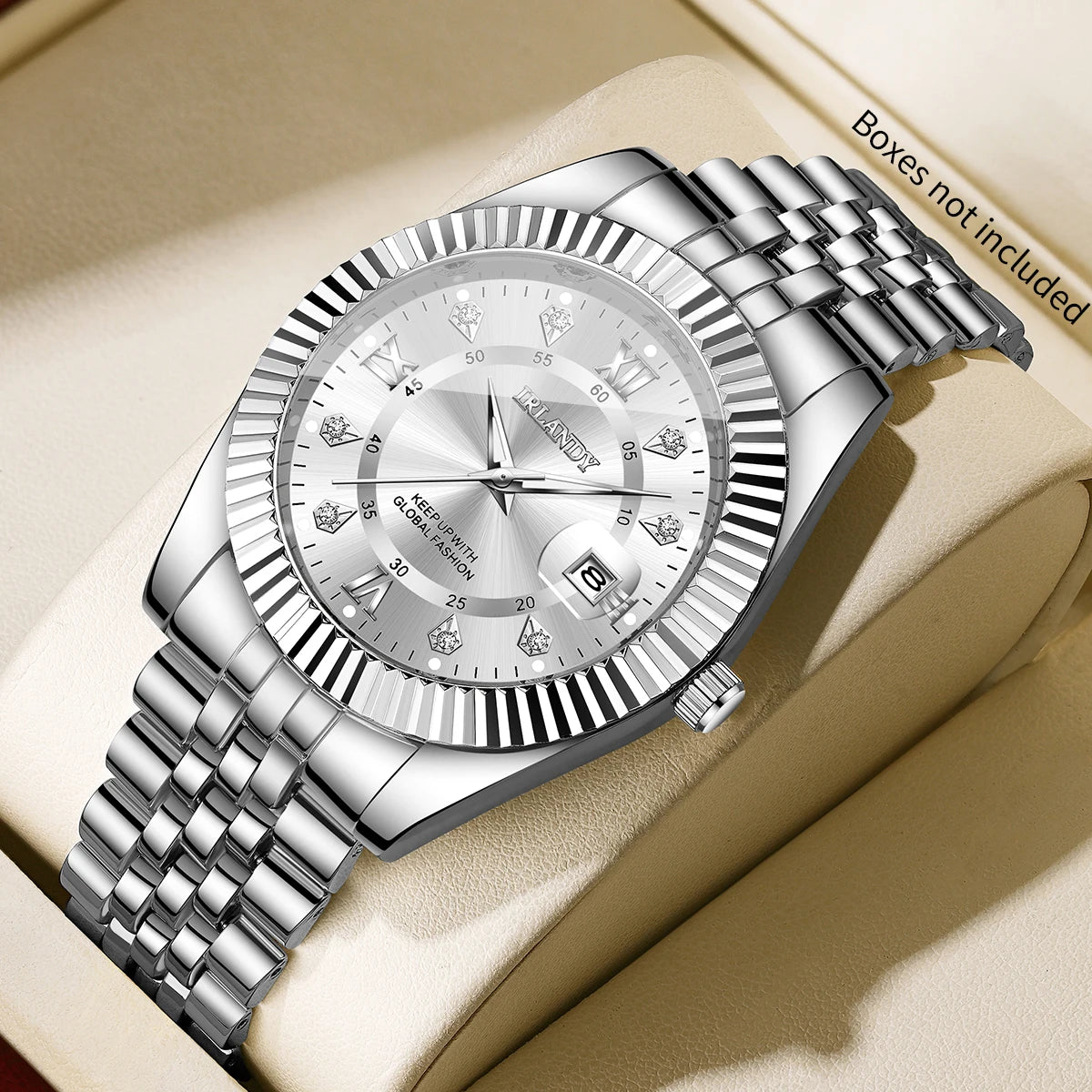 Luxury Rhinestone Roma Dial Men Business Watches Fashion Men's Calendar Quartz Watch with Stainless Steel Strap (Without Box)
