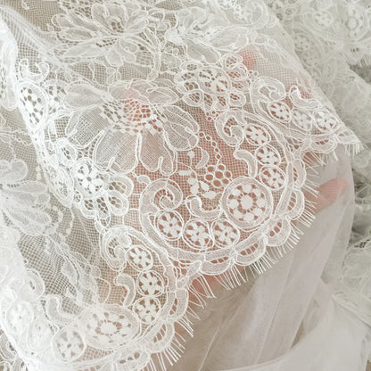 3 Yards French Made Fine Geometric Couture Alencon Embroidery Lace Fabric at 150cm wide, Couture Wedding Gown Fabric
