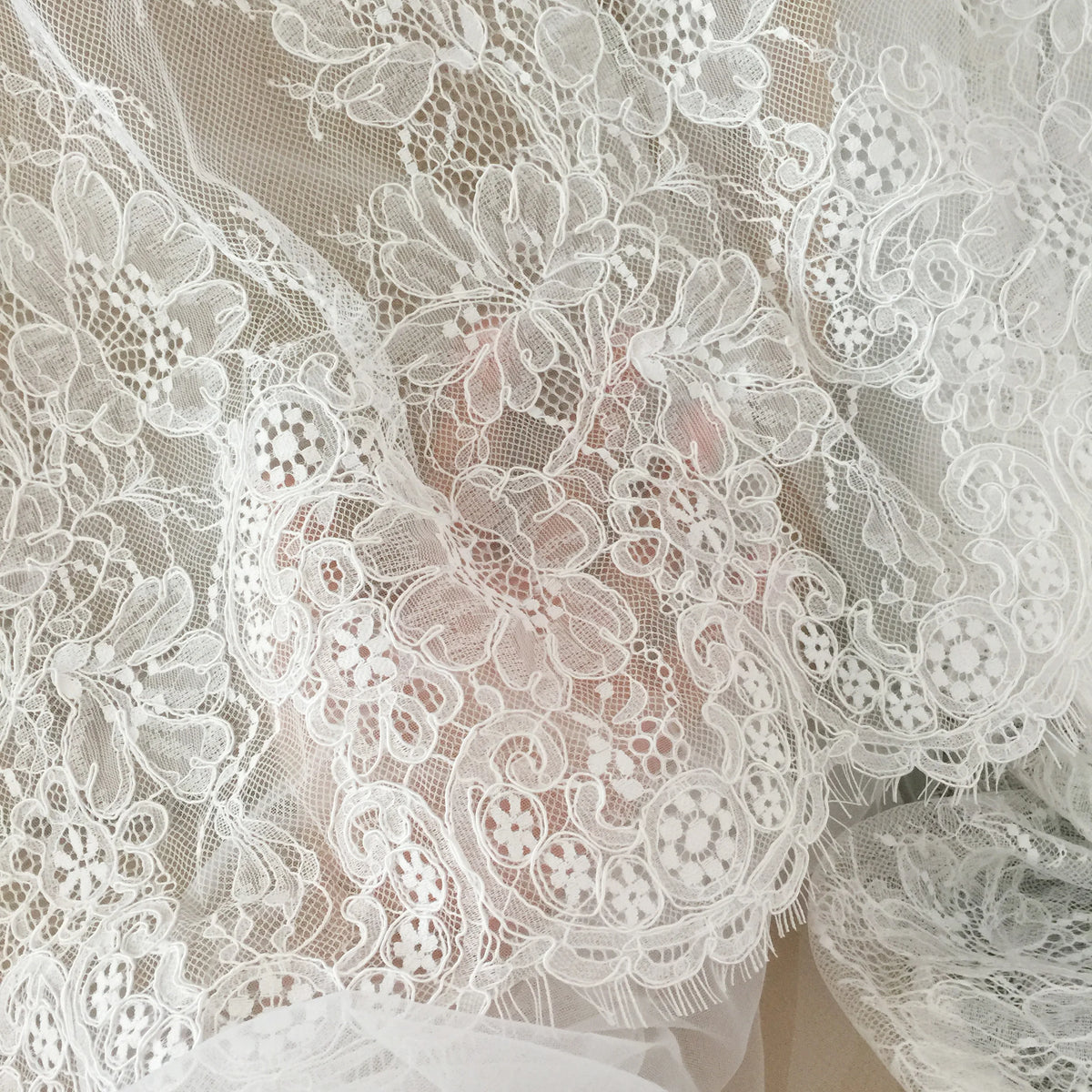 3 Yards French Made Fine Geometric Couture Alencon Embroidery Lace Fabric at 150cm wide, Couture Wedding Gown Fabric
