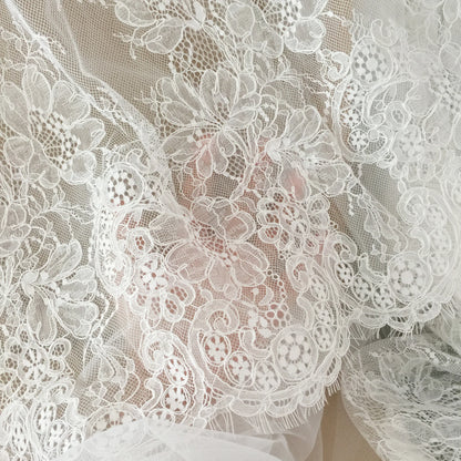 3 Yards French Made Fine Geometric Couture Alencon Embroidery Lace Fabric at 150cm wide, Couture Wedding Gown Fabric