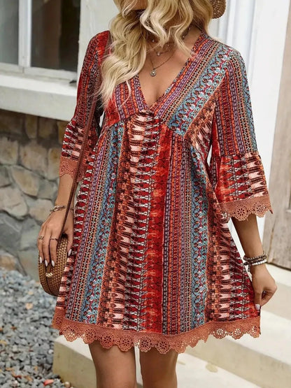Printed V-Neck A-Line Dress