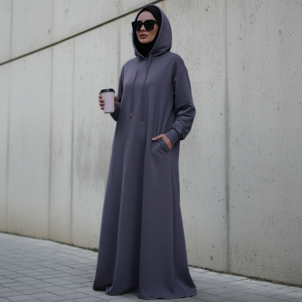 French Terry Hoodie Abaya With Pockets  (MA340)