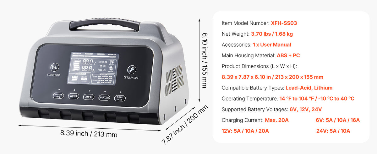 SucceBuy Smart Battery Charger 12A/16A/20A/25A with LCD Display Trickle Charging Maintainer Desulfator, for Car Boat Motorcycle