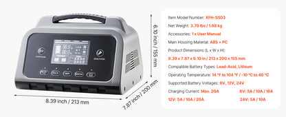 SucceBuy Smart Battery Charger 12A/16A/20A/25A with LCD Display Trickle Charging Maintainer Desulfator, for Car Boat Motorcycle