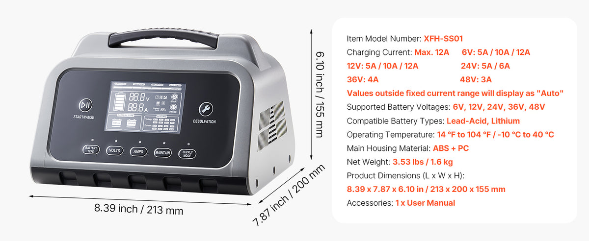 SucceBuy Smart Battery Charger 12A/16A/20A/25A with LCD Display Trickle Charging Maintainer Desulfator, for Car Boat Motorcycle