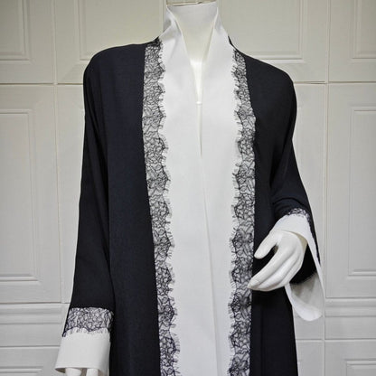 Black & White Lace Trim Open Abaya(MOA311)