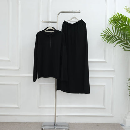 Cotton Half-Zip Top & Maxi Skirt Set(MS441)