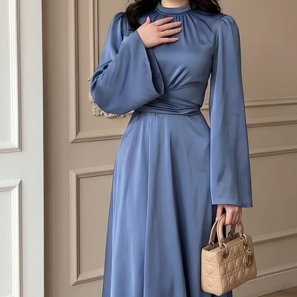 Cross-Wrap Ruched Neck Satin Maxi Dress(MS445)