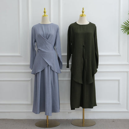 Cross-Wrap Waist Top & A-Line Maxi Skirt Set(MS475)