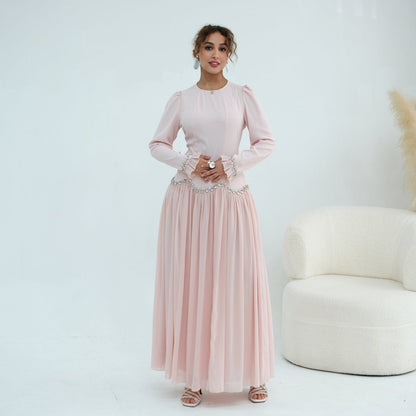Crystal-Trim Ruffle Cuffs Maxi Dress(MS458)