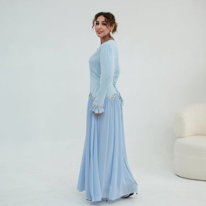 Crystal-Trim Ruffle Cuffs Maxi Dress(MS458)