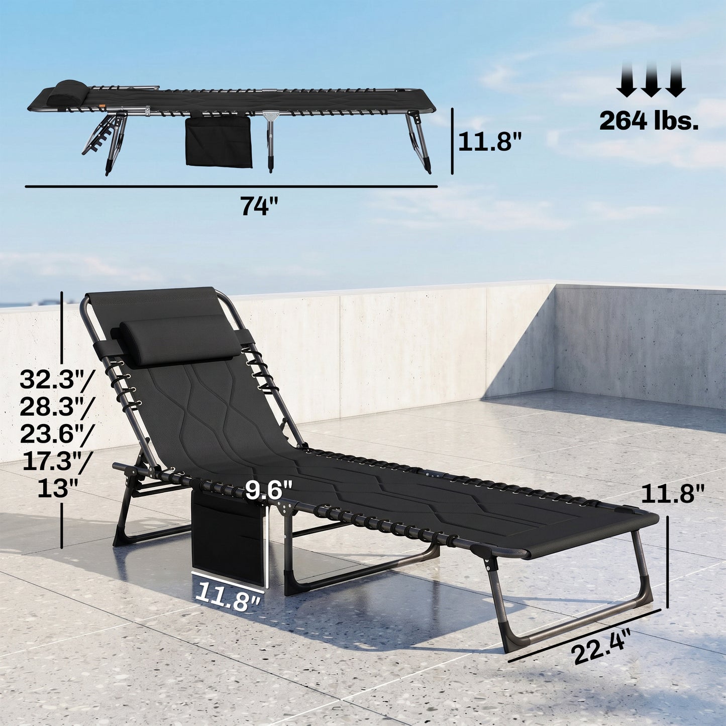 Outdoor Reclining Folding Chaise Lounge Chair, Adjustable, Padded, Pocket, Black