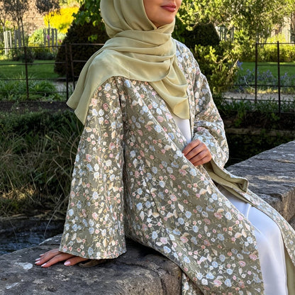 Floral Embroidered Mesh Open Abaya & Hijab Set(MOA321)
