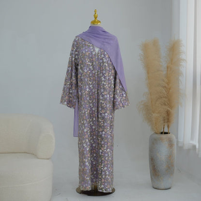 Floral Embroidered Mesh Open Abaya & Hijab Set(MOA321)