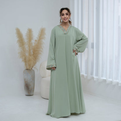 Floral Embroidered V-Neck Nida Maxi Dress(MA448)