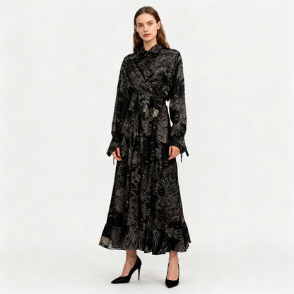 Floral Jacquard Wrap Dress | Collared Tie-Sleeve Maxi Dress(MS257)