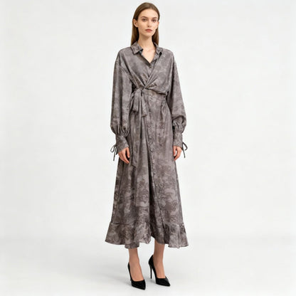Floral Jacquard Wrap Dress | Collared Tie-Sleeve Maxi Dress(MS257)