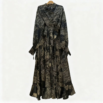 Floral Jacquard Wrap Dress | Collared Tie-Sleeve Maxi Dress(MS257)