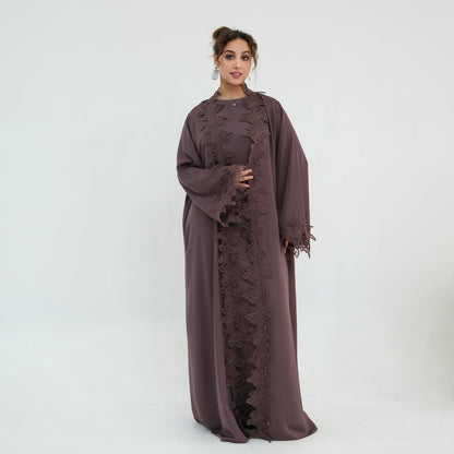 Floral Lace Trim Open Abaya & Sleeveless Inner Dress Set(MOA312)
