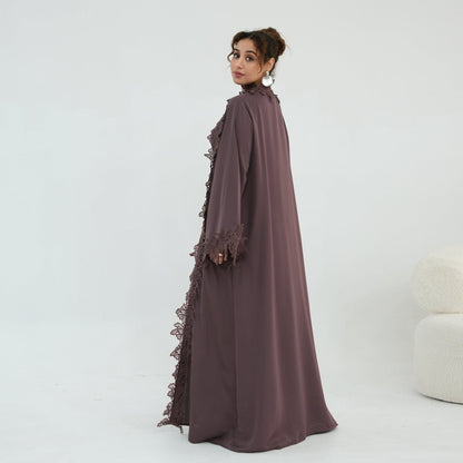Floral Lace Trim Open Abaya & Sleeveless Inner Dress Set(MOA312)