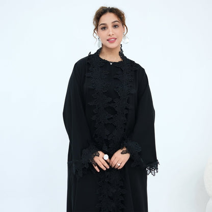 Floral Lace Trim Open Abaya & Sleeveless Inner Dress Set(MOA312)