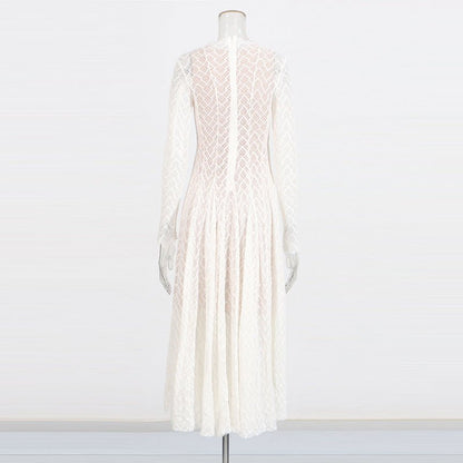 Geometric Lace Mock Neck Maxi Dress (MS397)