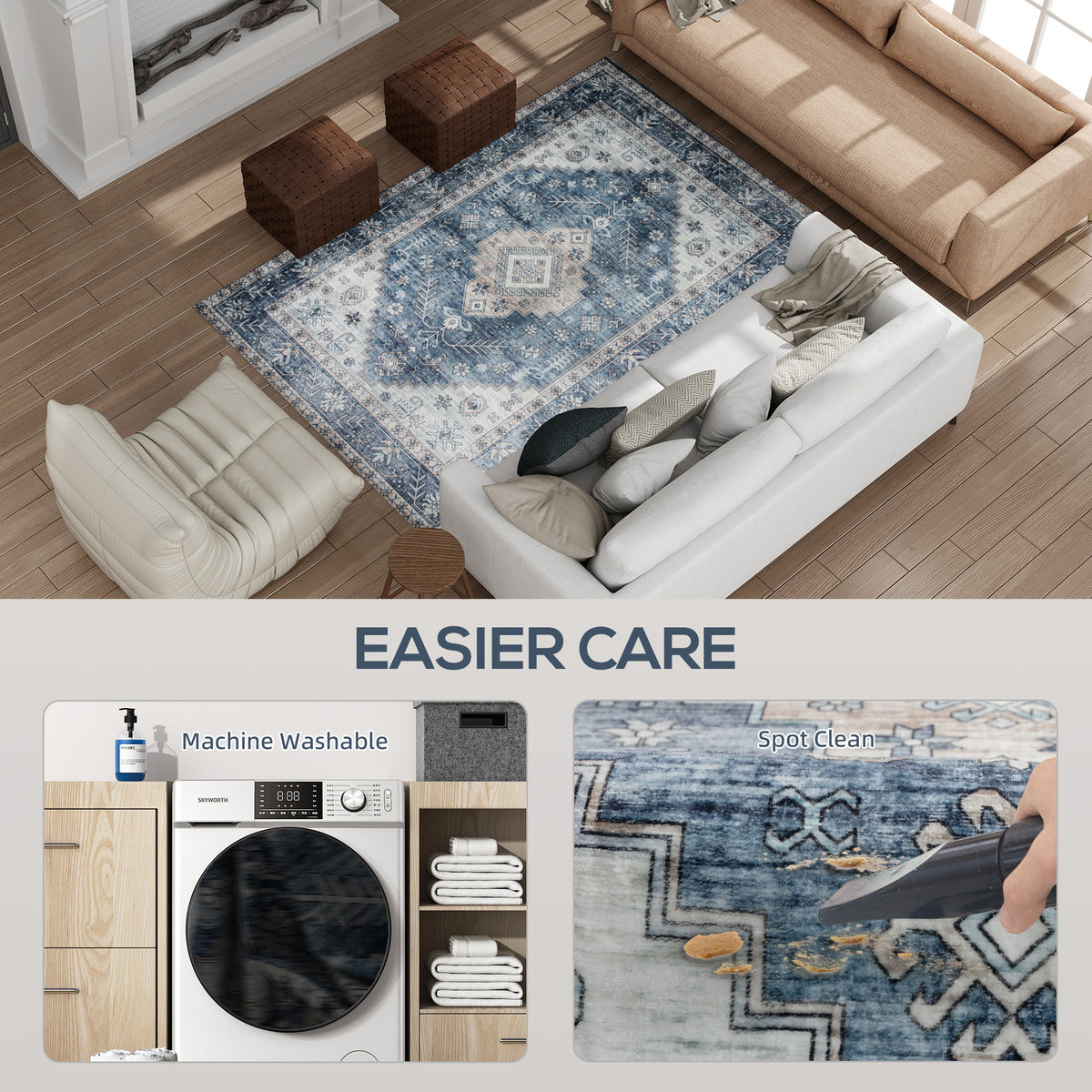 Machine Washable Area Rug, 4'x6' Vintage Oriental Medallion Distressed Rugs Soft Printed Floor Mat, Blue