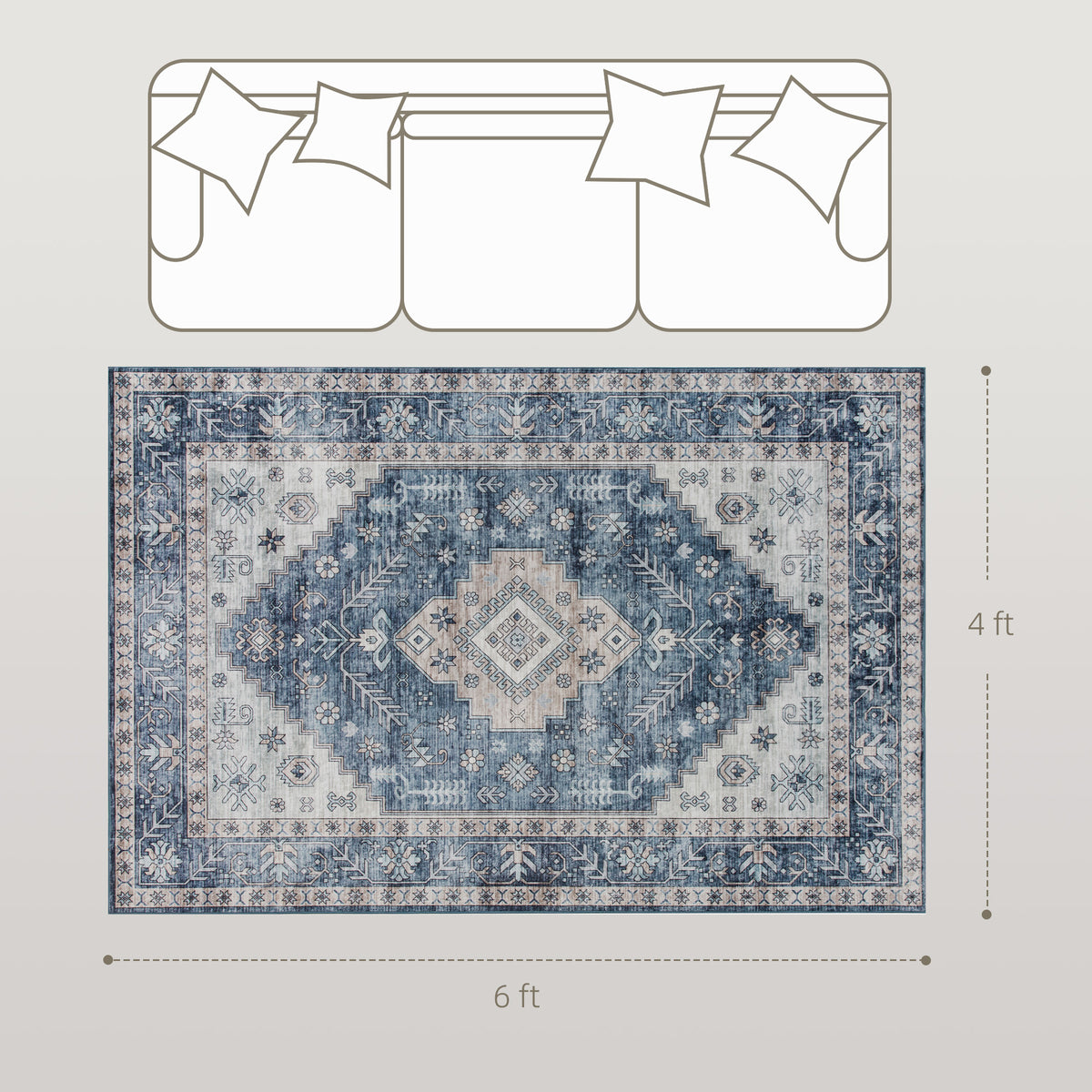 Machine Washable Area Rug, 4'x6' Vintage Oriental Medallion Distressed Rugs Soft Printed Floor Mat, Blue