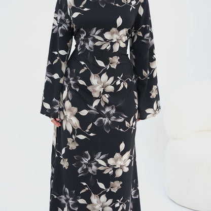 Ink Floral Satin Maxi Dress(MA434)