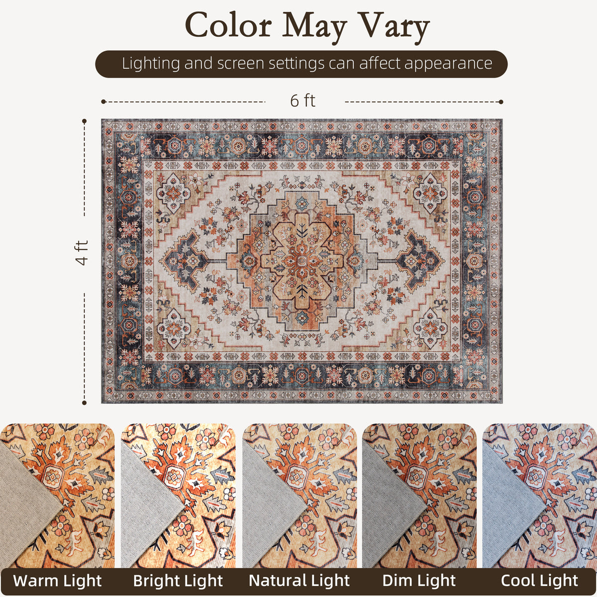 Machine Washable Area Rug, 4'x6' Vintage Oriental Medallion Distressed Rugs Soft Printed Floor Mat, Tawny Brown