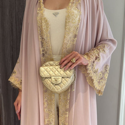 Lace-Panel Flared-Sleeve Open Abaya with Pockets(MOA332)