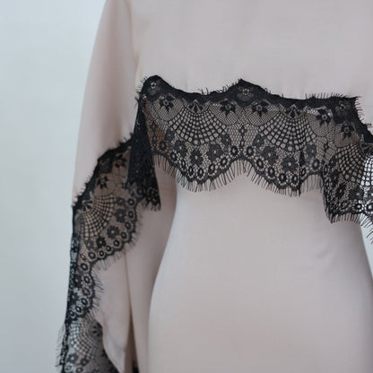 Lace Splice Satin Maxi Dress with Fixed Cape(MS438)
