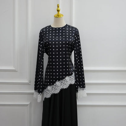 Lace Trim Contrast Panel Satin Top(MS407)