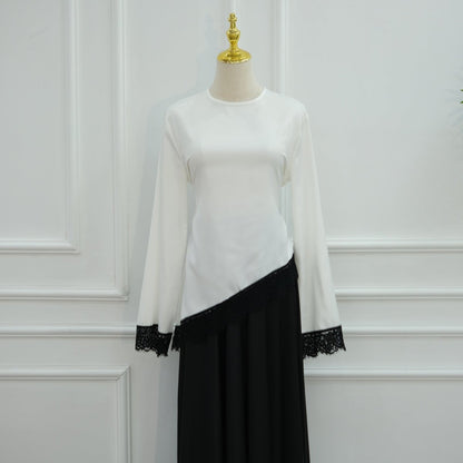 Lace Trim Contrast Panel Satin Top(MS407)