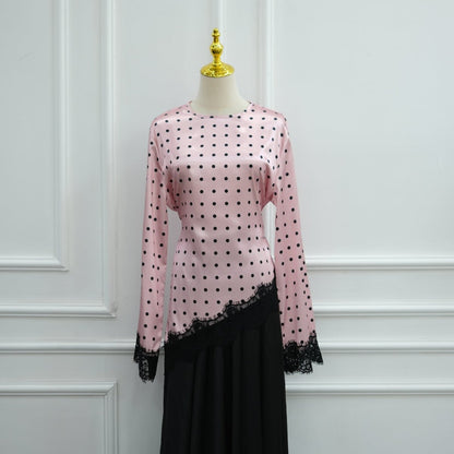 Lace Trim Contrast Panel Satin Top(MS407)