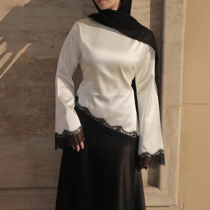 Lace Trim Contrast Panel Satin Top(MS407)