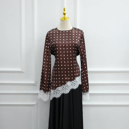 Lace Trim Contrast Panel Satin Top(MS407)