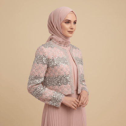 Luxury Pearl Beaded Diamond Grid Jacket & Pleated Dress Set(MS403)