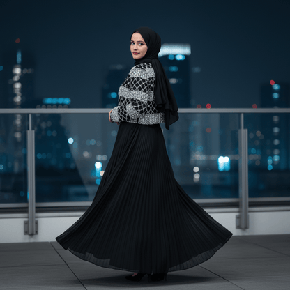Luxury Pearl Beaded Diamond Grid Jacket & Pleated Dress Set(MS403)