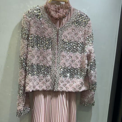 Luxury Pearl Beaded Diamond Grid Jacket & Pleated Dress Set(MS403)