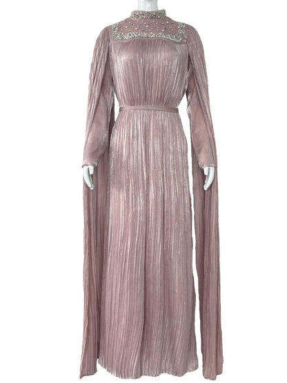 Pearl & Crystal Beaded Pleated Chiffon Maxi Gown(MA441)
